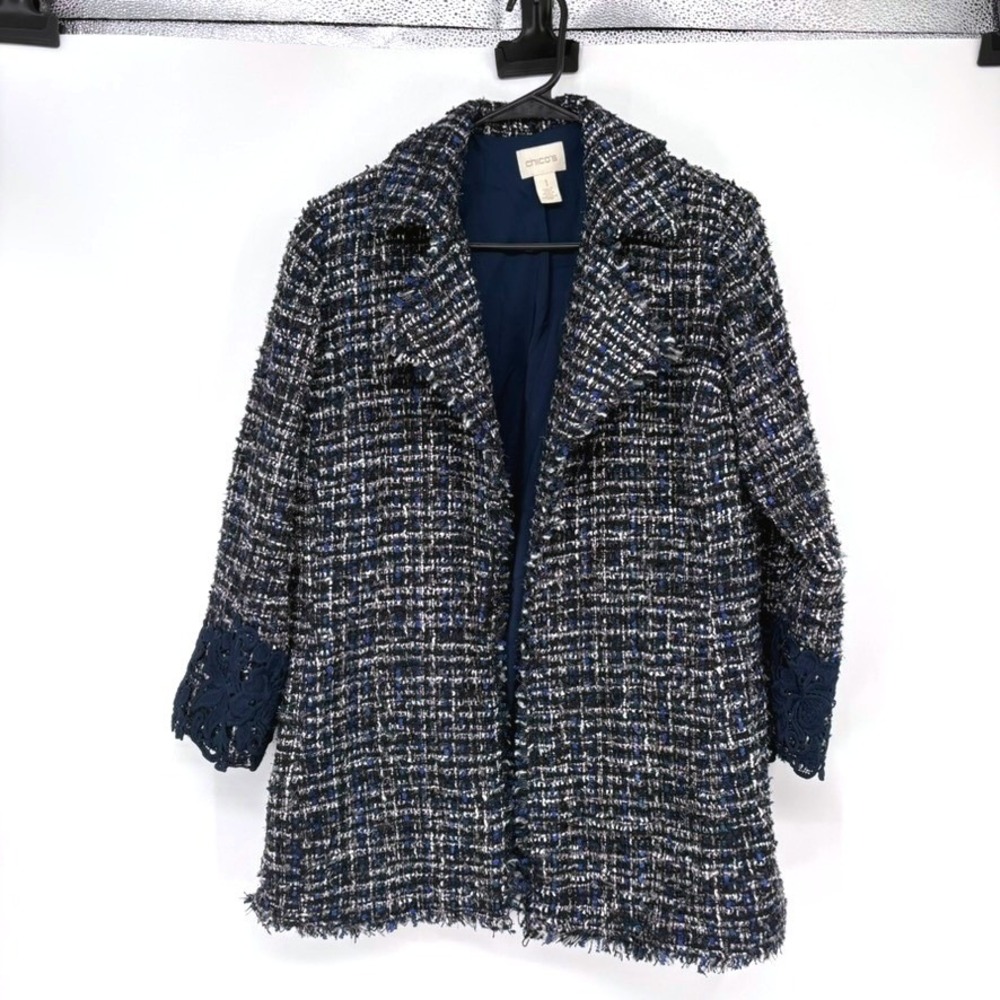 Chico's Tweed Jacket Womens 1 Blue Black Crochet Cuff Fringe Open Front Blazer